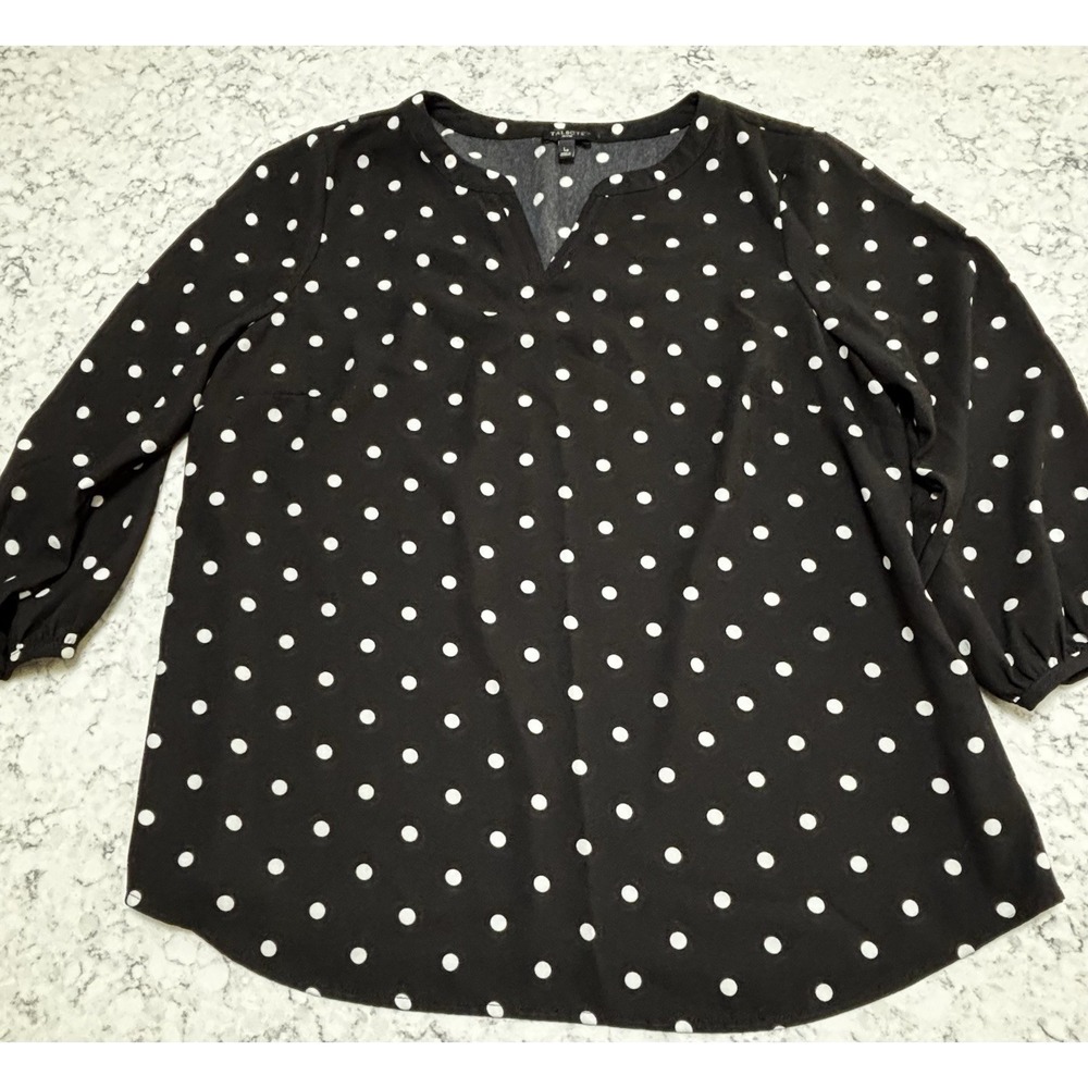 Talbots Petites LP Black White Polka Dot Blouse 3/4 Sleeve Split Neck Top